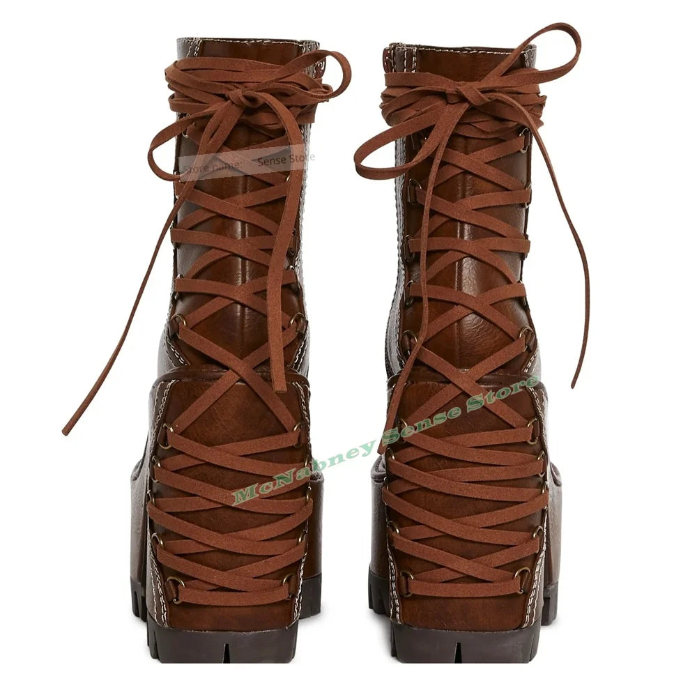 FZ Women's Straps Lace Up Round Toe High Platform Thick Ankle Boots