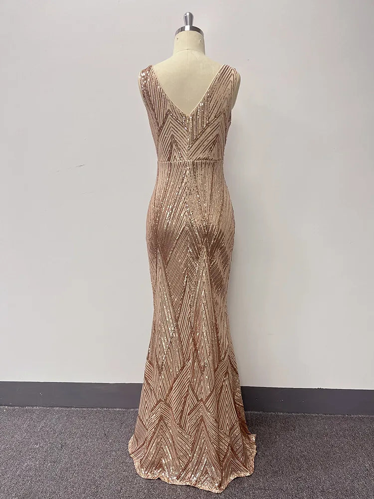 FZ Women's Sequin Mermaid V-neck Cocktail Maxi Evening Dress