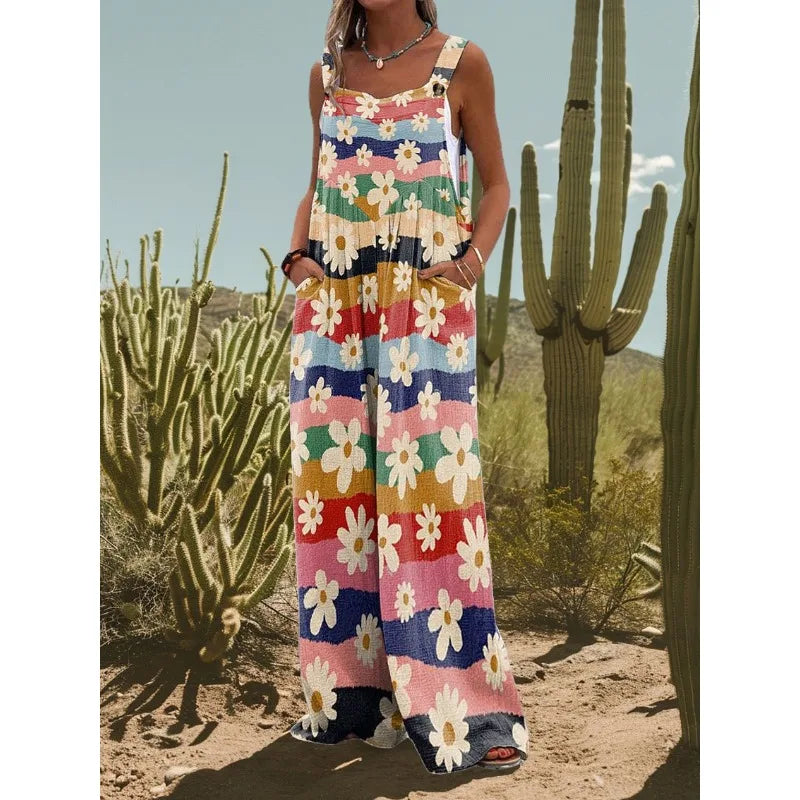 FZ Women's Vintage Flower Daisy Print Casual Strap Wide Leg Jumpsuit - 4 - FZwear
