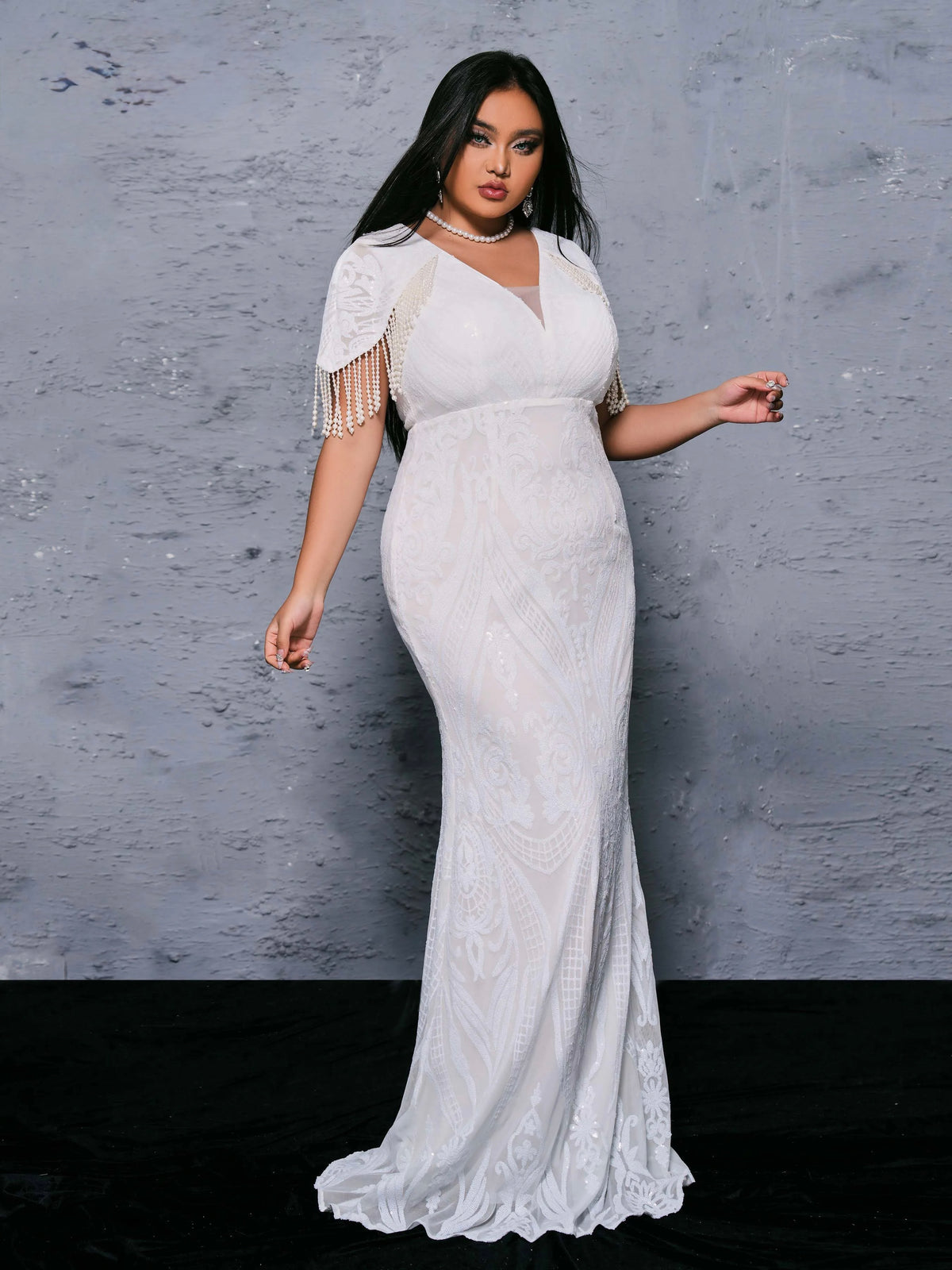 FZ Women's Plus Size V Neck Tassel Mermaid Evening Dress