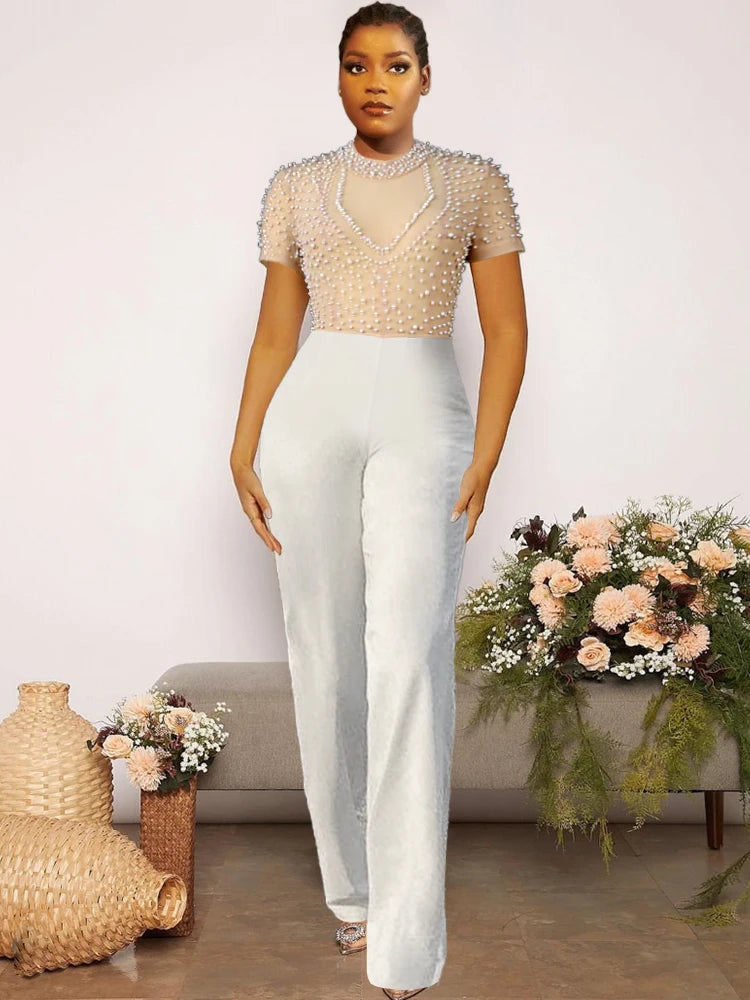 FZ Women's See Through Beaded High Waist Wide Leg Jumpsuit - FZwear