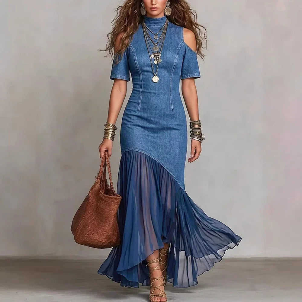 FZ Women's Vintage Patchwork Off Shoulder High Street Fishtail Denim Dress