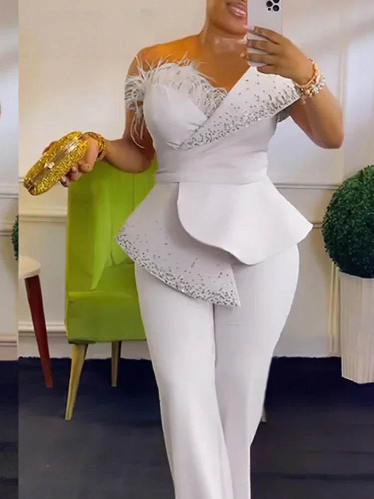 FZ Women's One Shoulder Feather Diamond Peplum One Piece Jumpsuit