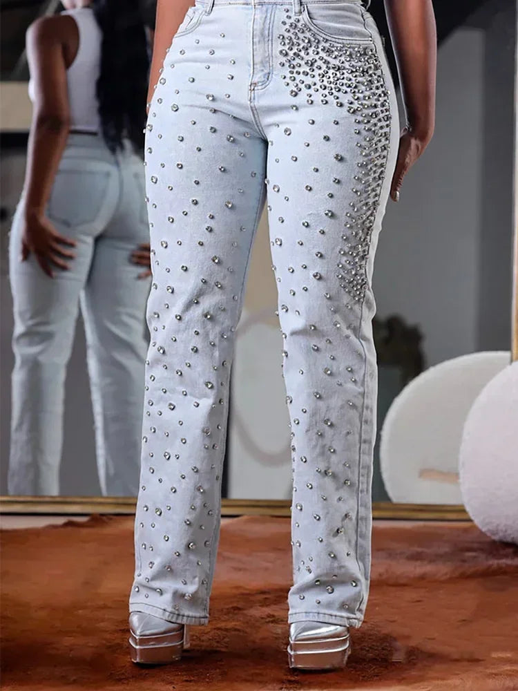 FZ Women's Plus Size Beading High Waist Slim Vintage Streetwear Denim Pants