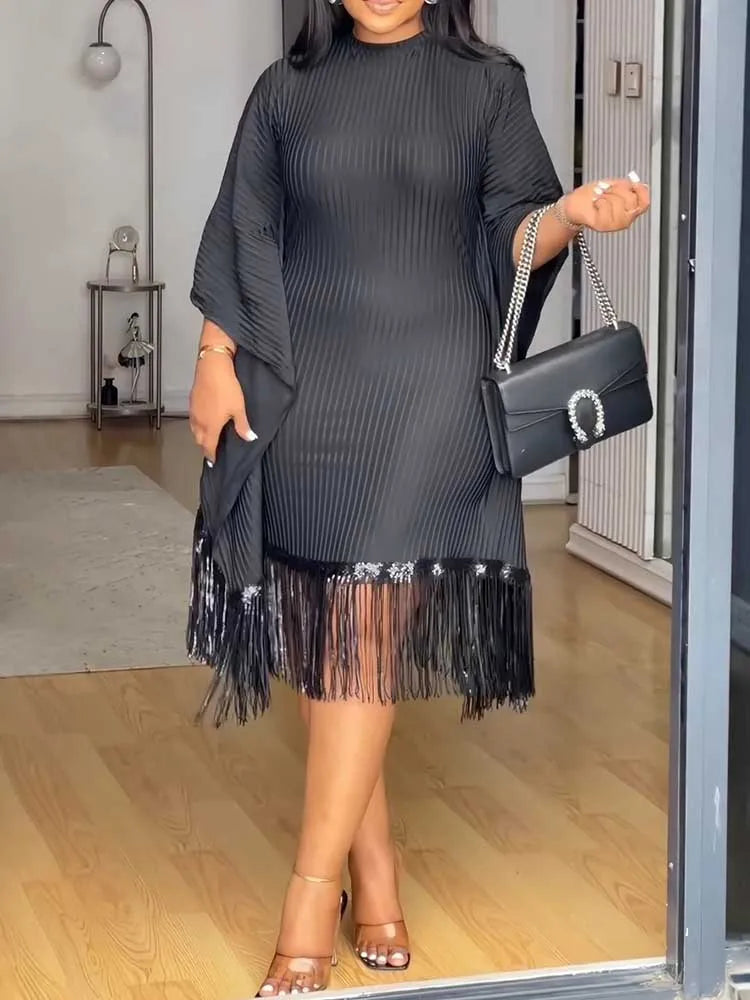 FZ Women's Tassel Sequin Stretchy Batwing Sleeves French Style Knitted Dress