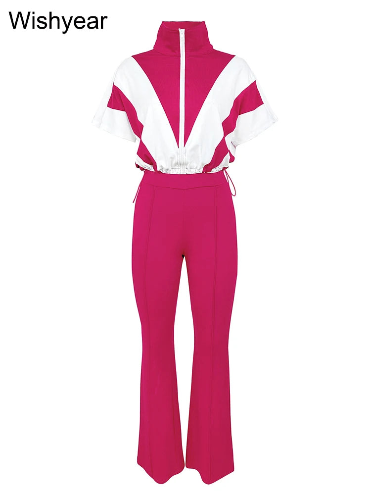 FZ Women's Vintage Cotton Patchwork Short Sleeve Flare Bottom Two Piece Pants Suit