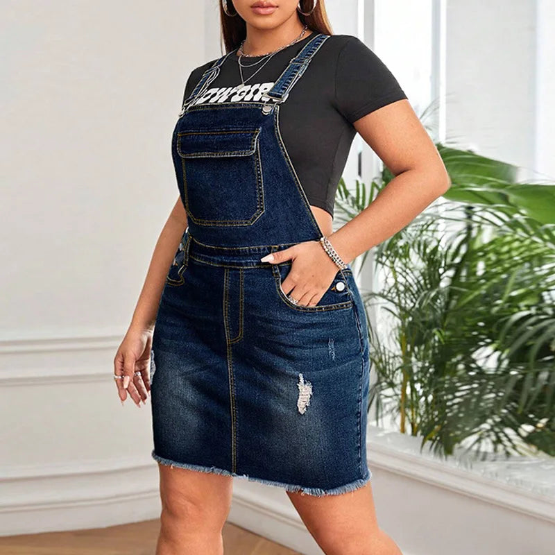 FZ Women's Plus Size Streetwear Ripped Raw Hem Overall Denim Dress