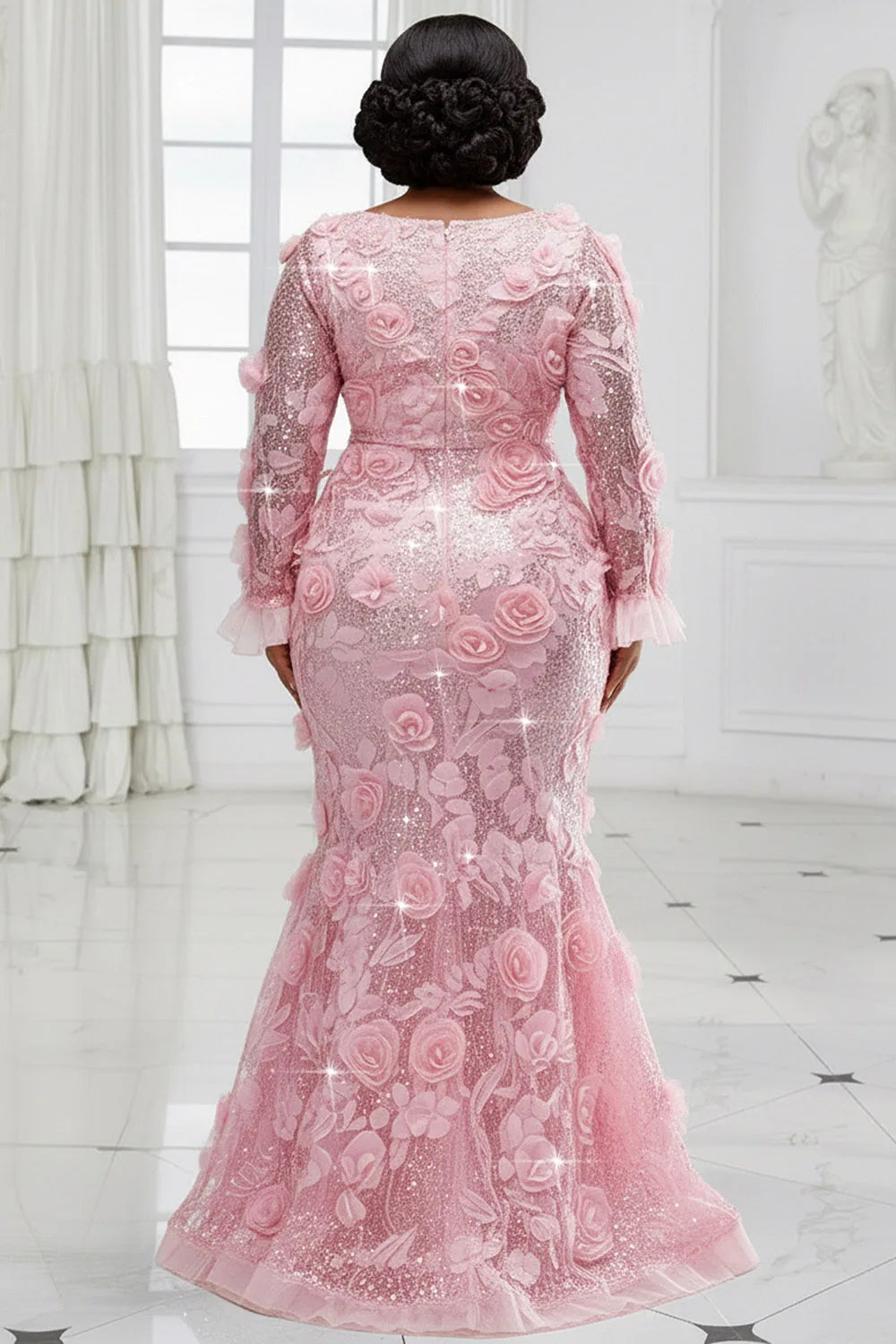 FZ Women's Plus Size V Neck Long Sleeve 3D Elegant Mermaid Sequin Maxi Dress