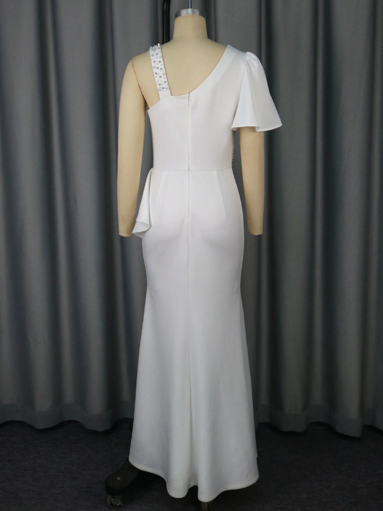 FZ Women's One Shoulder Asymmetric Ruffle Rhinestone Accents Vintage Maxi Dress