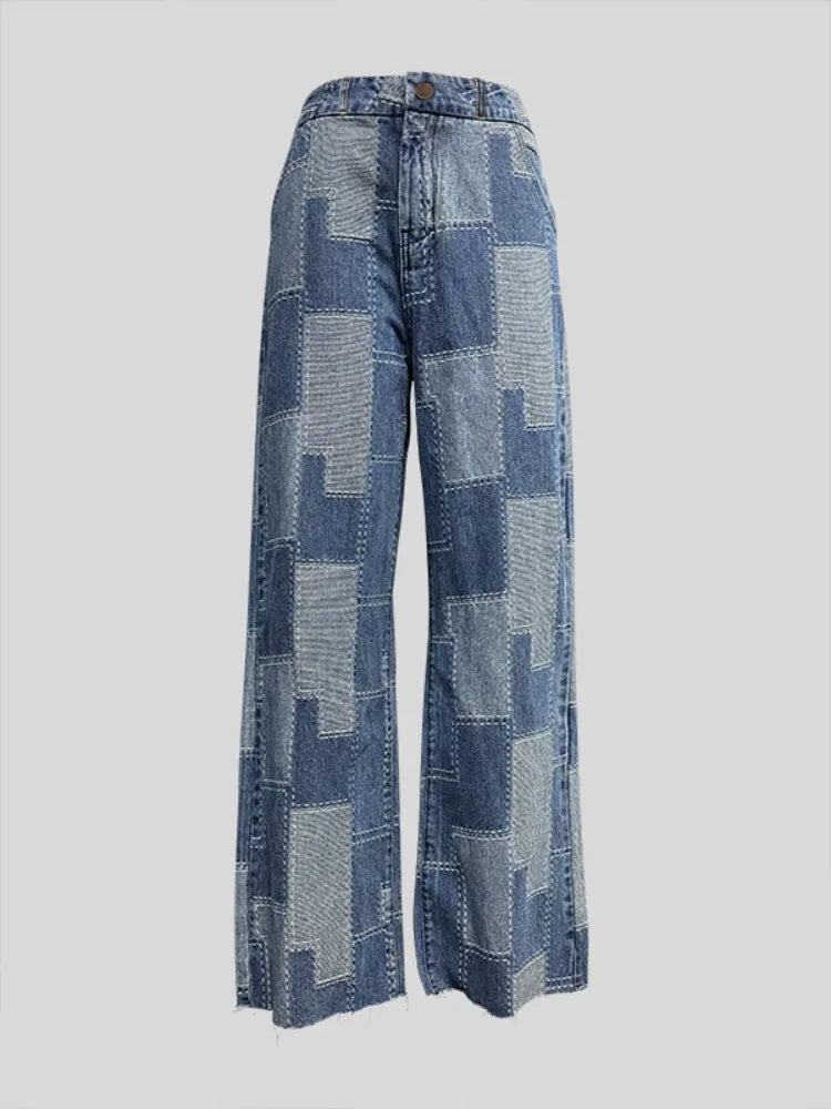 FZ Women's Plaid Contrast Loose Buttoned High Waist Wide Leg Denim Pants