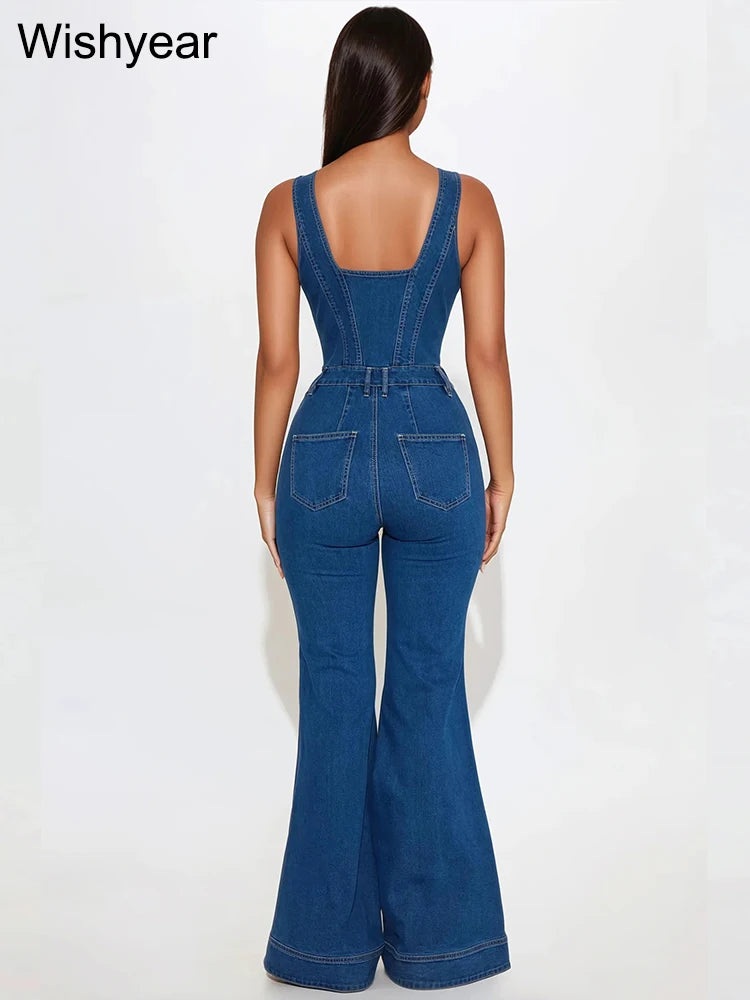 FZ Women's Sleeveless Single Breasted Slim One Piece Vintage Backless Denim Jumpsuit