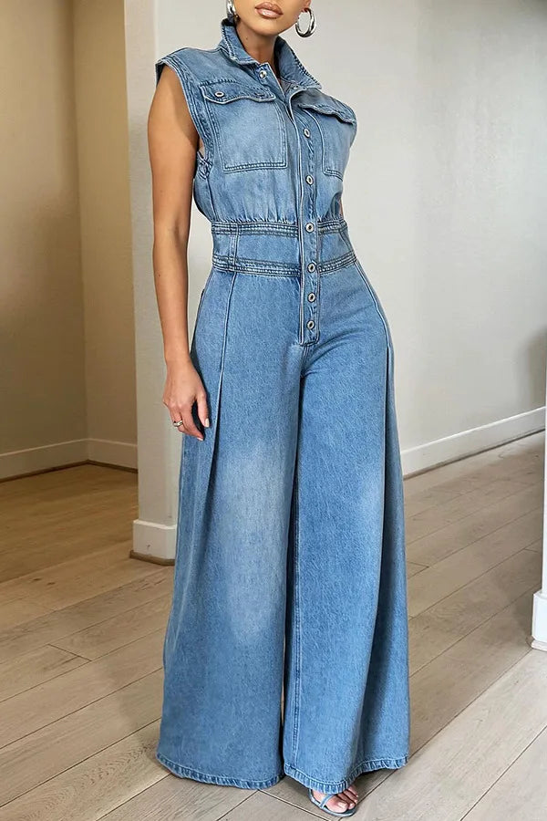 FZ Women's Vintage Loose Denim Wide Leg Pants Jumpsuit - FZwear