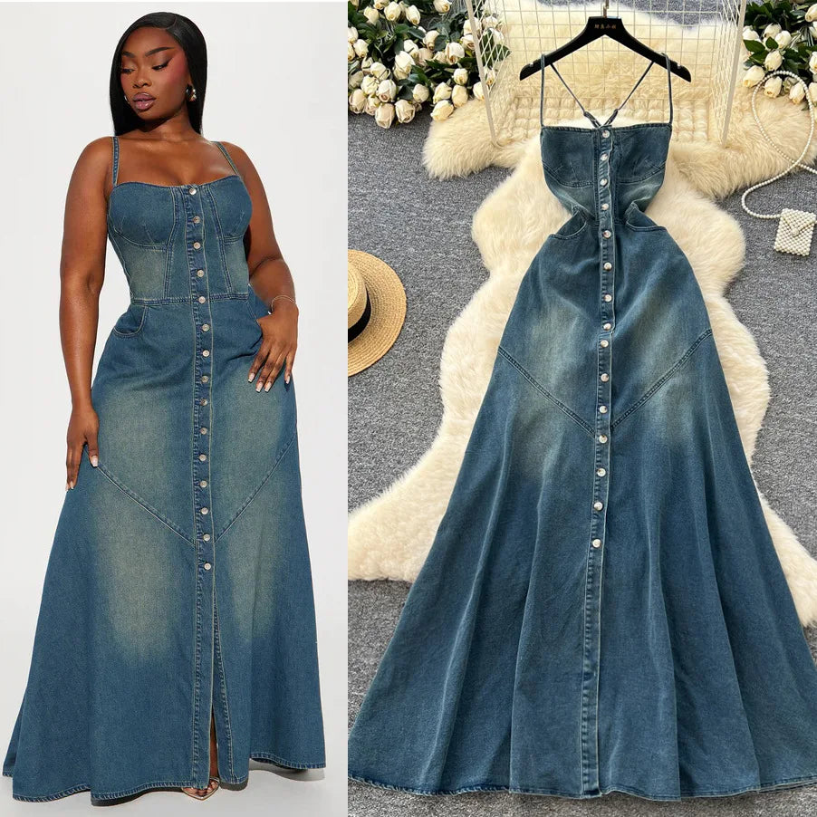 FZ Women's Sling Strapless A Line Streetwear Sleeveless Denim Dress