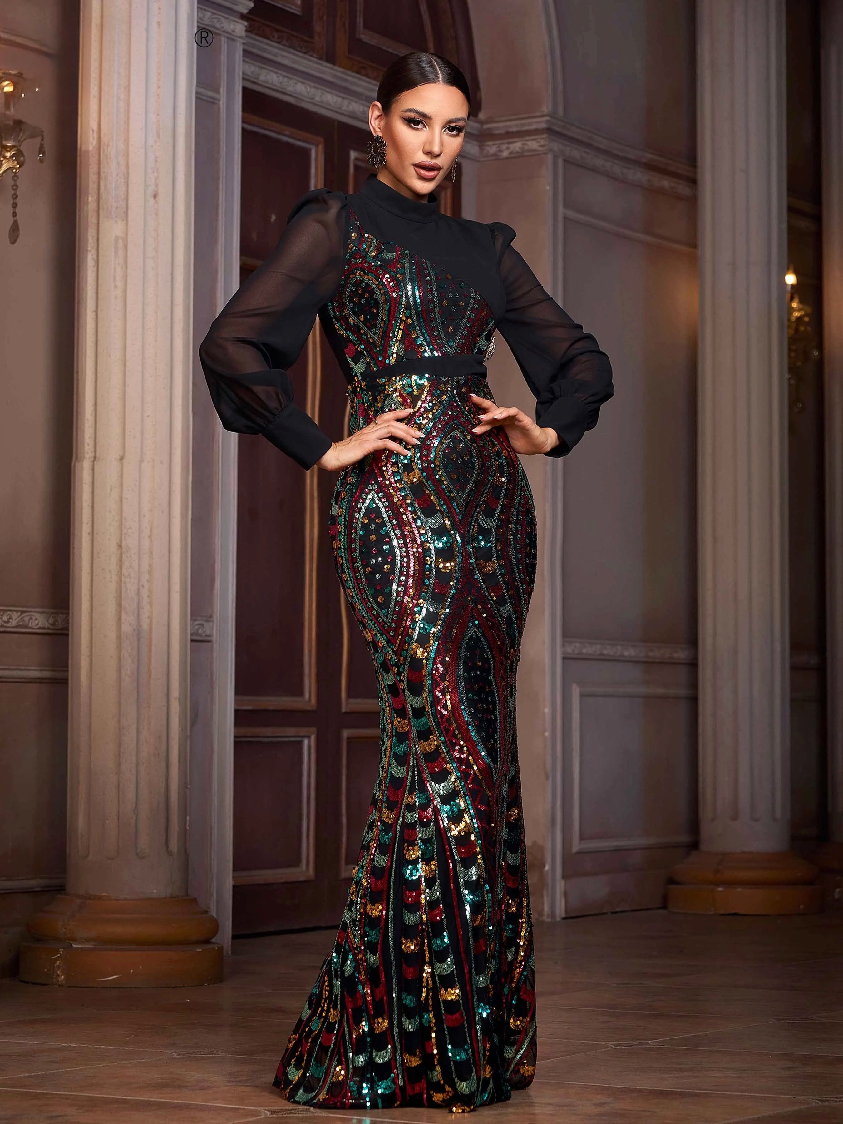 FZ Women's Round Neck Panel Geometric Sequin Mermaid Evening Dress