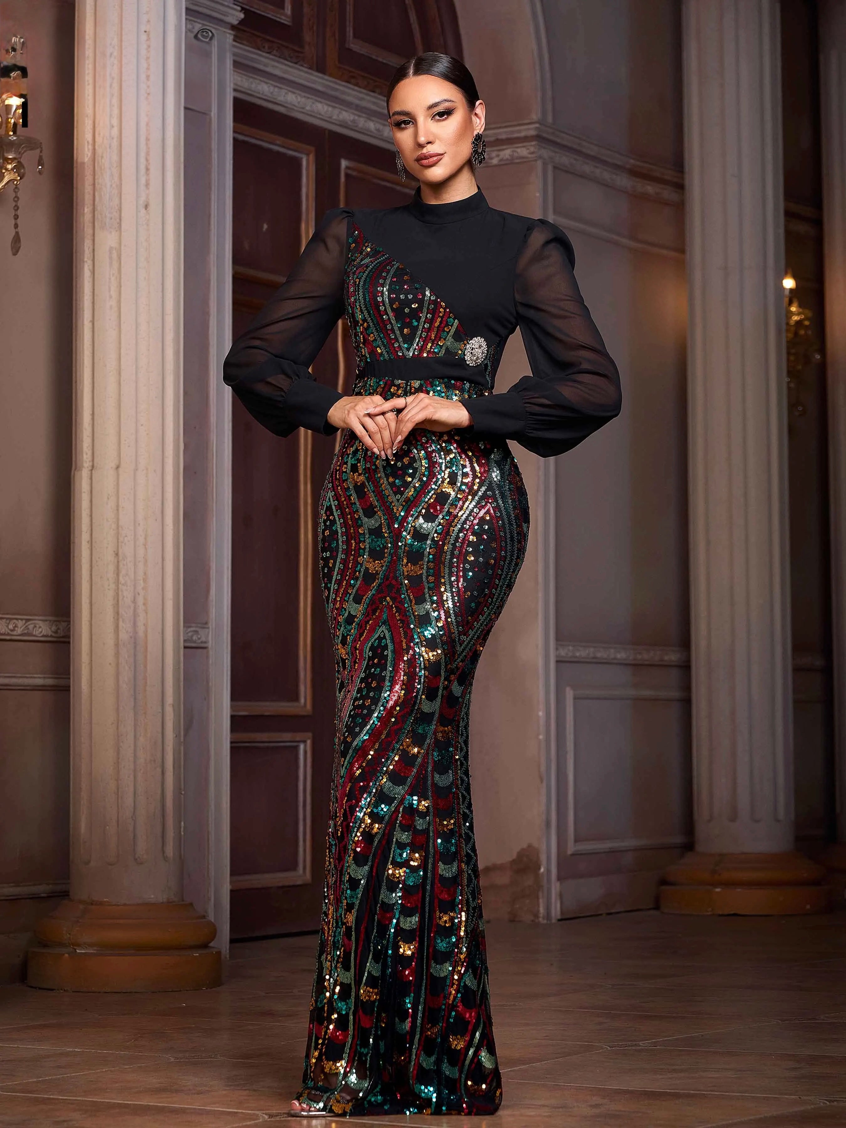 FZ Women's Round Neck Panel Geometric Sequin Mermaid Evening Dress