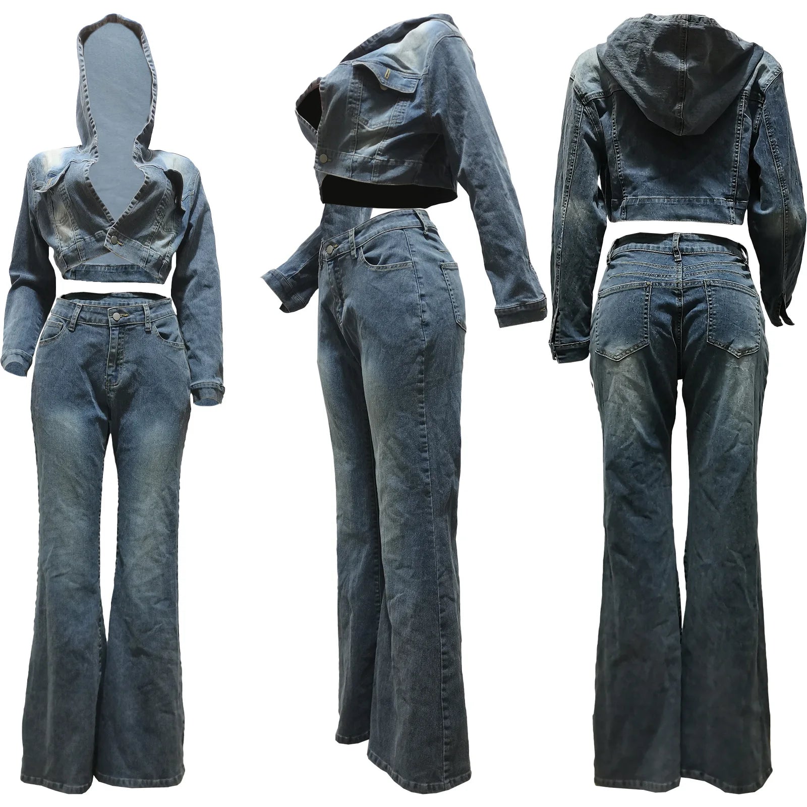 FZ Women's Hoodie Hight Waist Flare Two Piece Denim Pants Suit - FZwear