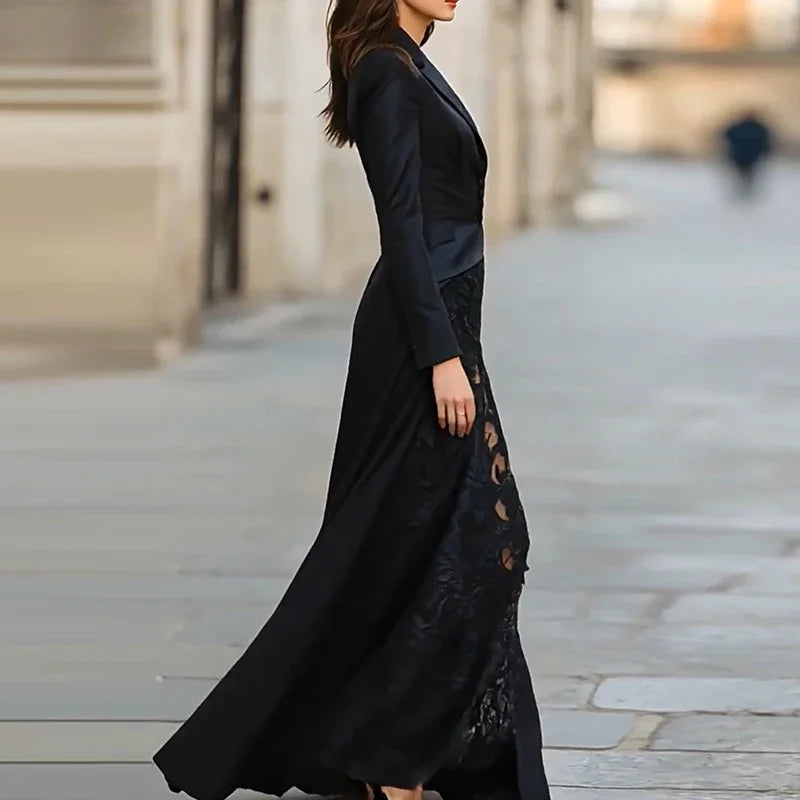 FZ Women's Lace Patchwork Irregular Split Robe High Waist Maxi Dress