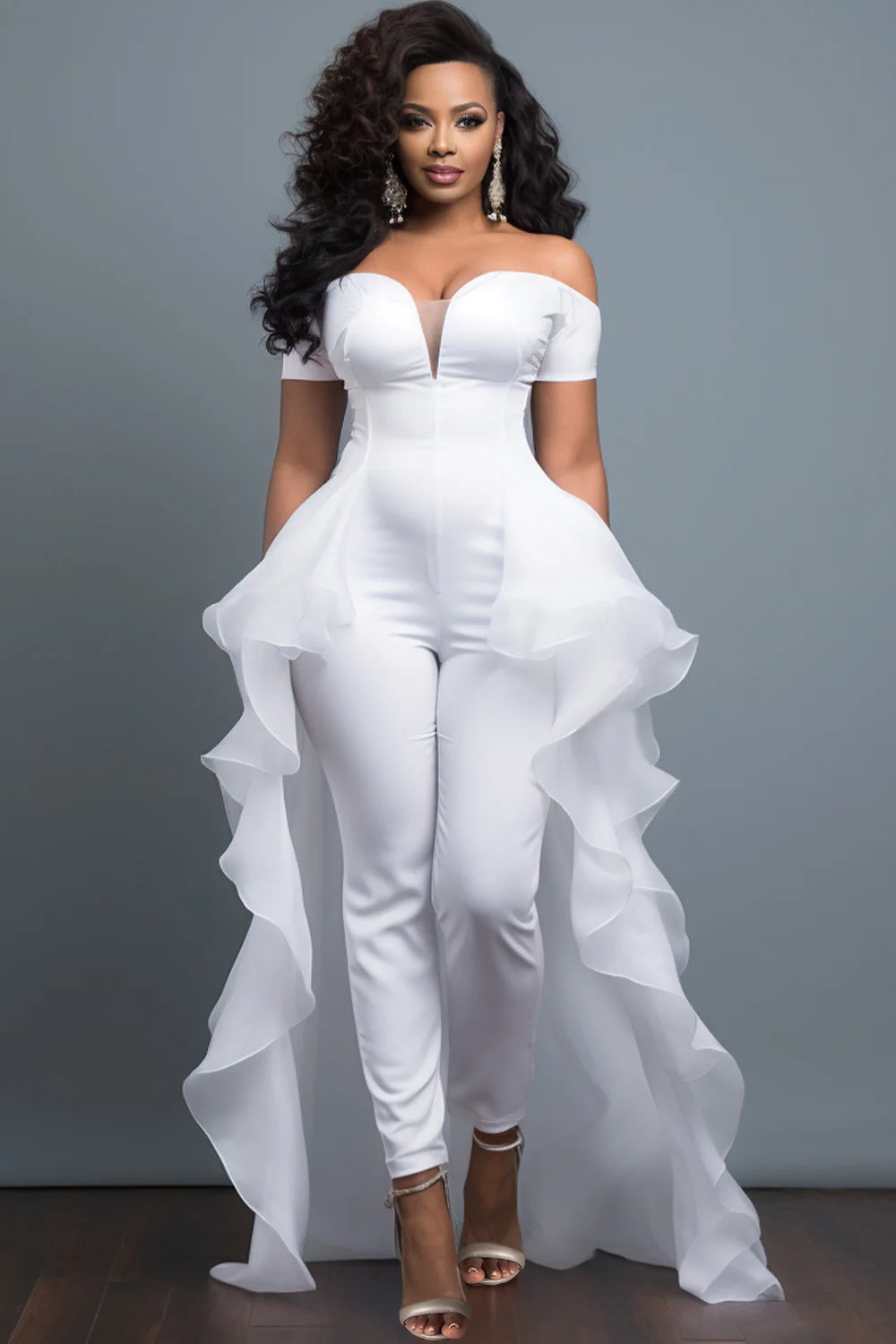 FZ Women's Plus Size Off The Shoulder Short Sleeve With Skirt Overlay Contrast Jumpsuit