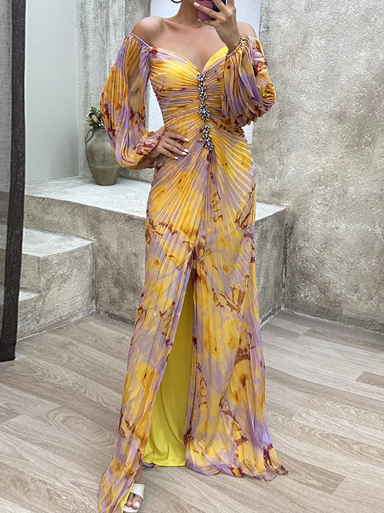 FZ Women's V Neck Full Sleeve Patchwork Folds Slim Maxi Dress
