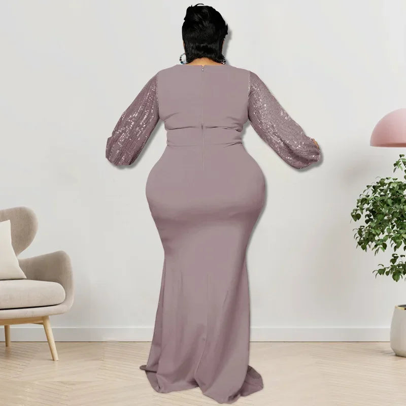 FZ Women's Plus Size Sequin Patchwork Lantern Long Sleeve Maxi Evening Dress