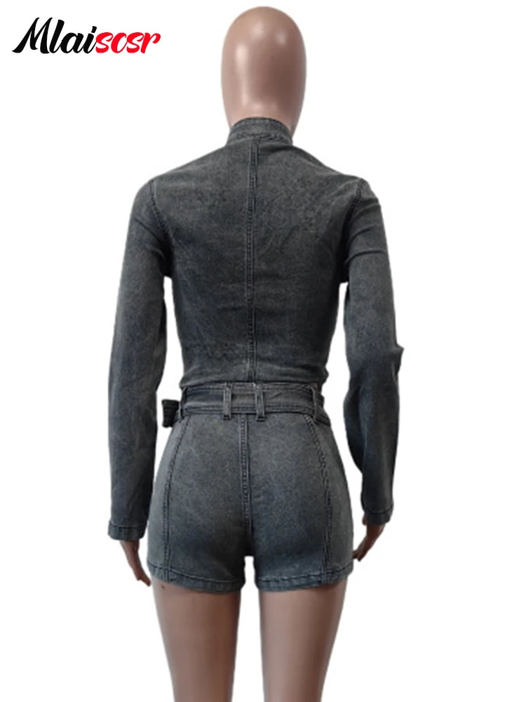 FZ Women's Jeans with Belt Two Pieces Streetwear Denim Shorts Suit