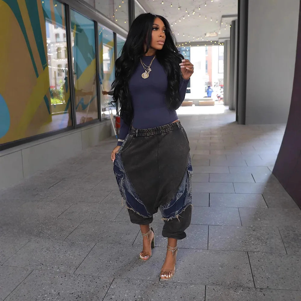 FZ Women's Loose Harem Elastic Waist and Tassel Design Denim Pants