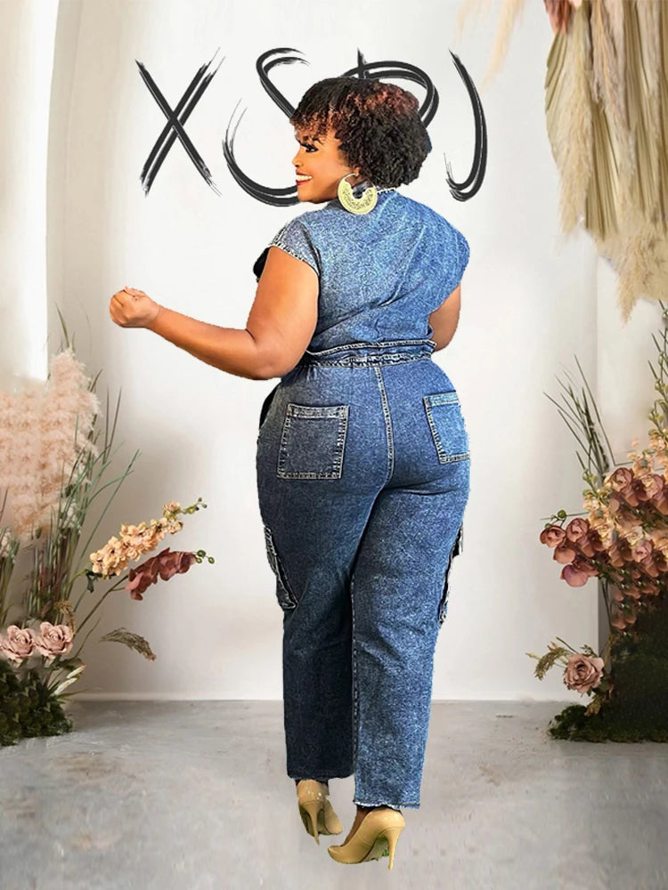 FZ Women's Elastic Waist One Piece Sleeveless Denim Jumpsuit