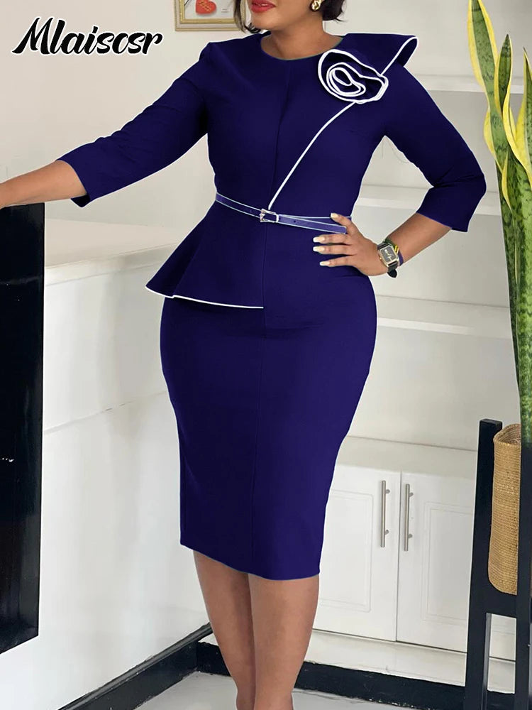 FZ Women's 3D Flowers 3/4 Sleeve O-neck Mid Evening Dress