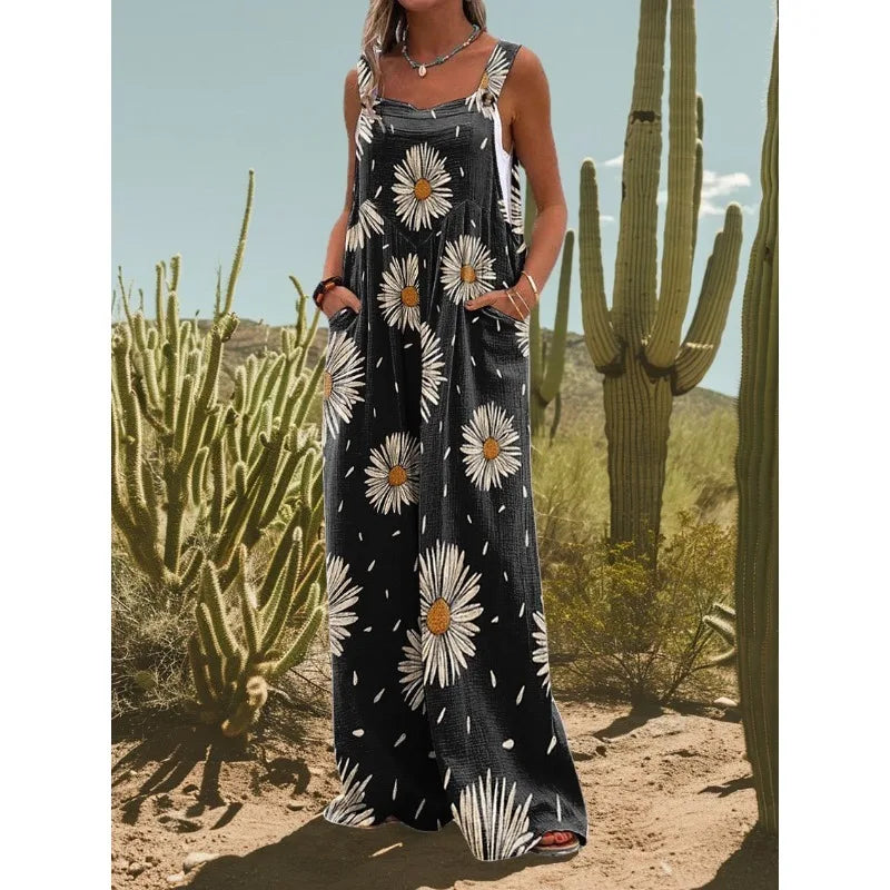 FZ Women's Vintage Flower Daisy Print Casual Strap Wide Leg Jumpsuit - 3 - FZwear