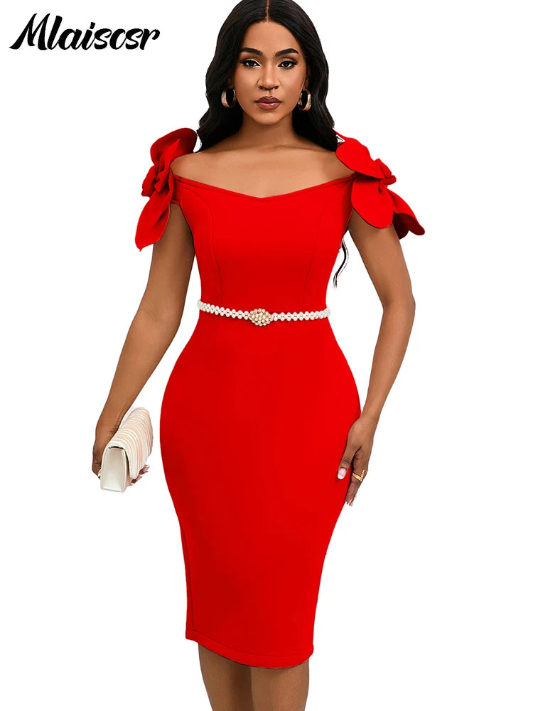 FZ Women's Off the Shoulder Petal Sleeve Mid with Sashes Evening Dress