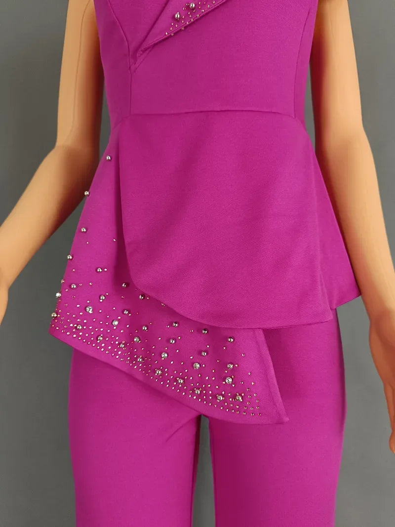 FZ Women's One Shoulder Feather Diamond Peplum One Piece Jumpsuit