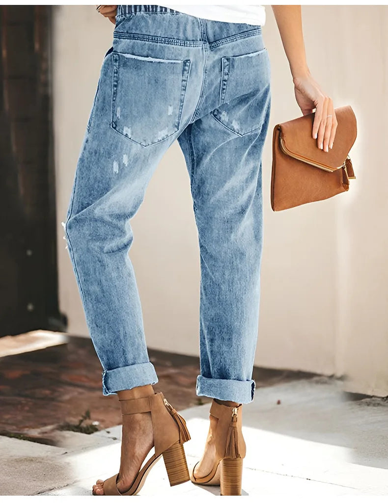 FZ Women's Streetwear Ripped Vintage Drawstring Elastic Waist Denim Pants - FZwear