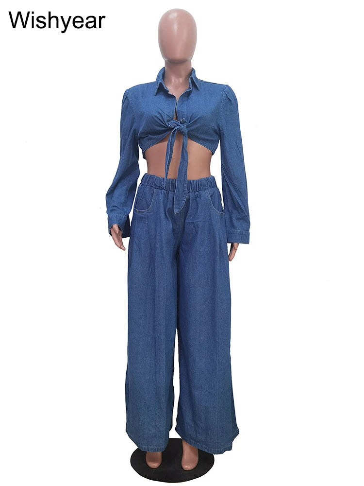 FZ Women's Set Long Sleeve Wide Leg Loose Streetwear 2 Pieces Denim Pants Suit