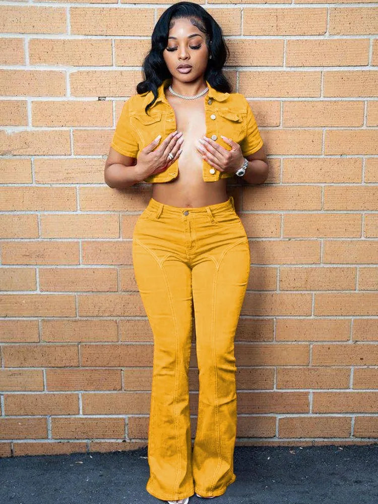 FZ Women's High Street Colorful Stretch Two Pieces Elegant Denim Pants Suit