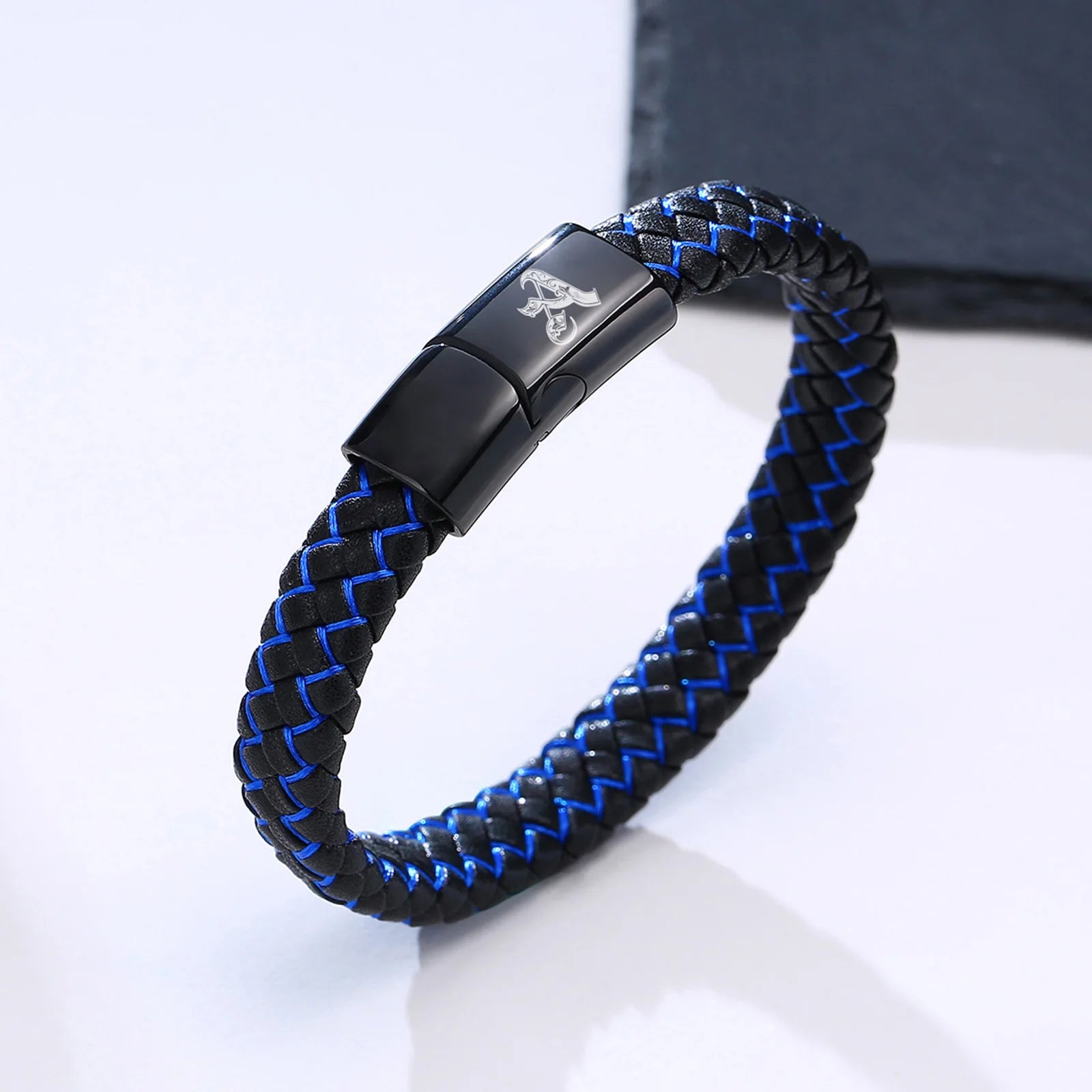 FZ Blue Black Braided Leather A-Z Initial Bracelet - FZwear