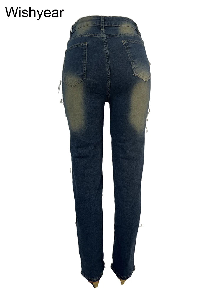FZ Women's Vintage Pencil Ripped Spliced Distressed Stretch Denim Pants