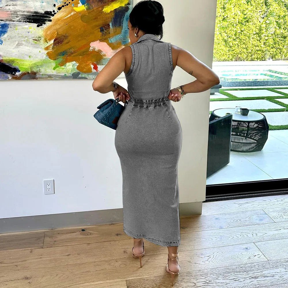 FZ Women's Halter Sleeveless Side Hollow Stretchy Slim Denim Dress