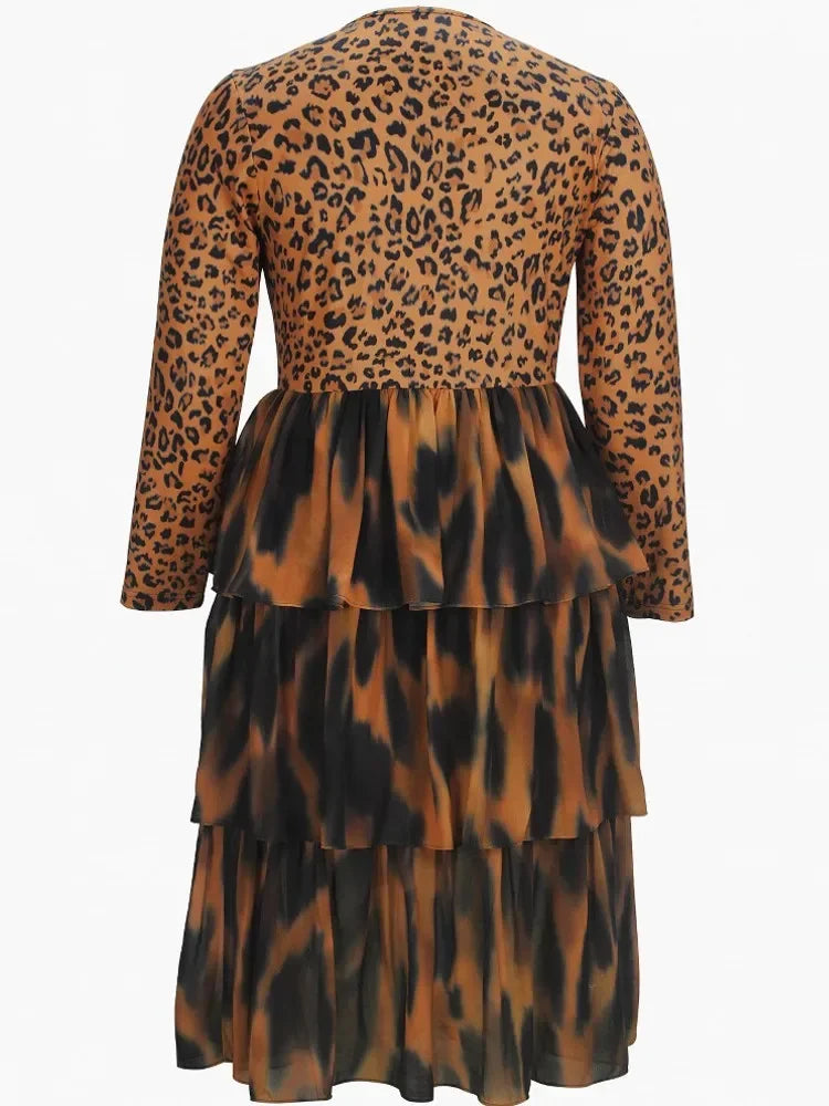 FZ Women's Plus Size Leopard Printed Retro High Street Midi African Dress