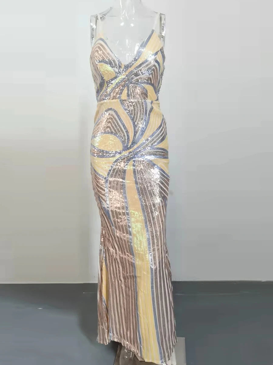 FZ Women's Printed Sequin Spaghetti Strap V Neck Maxi Mermaid Evening Dress