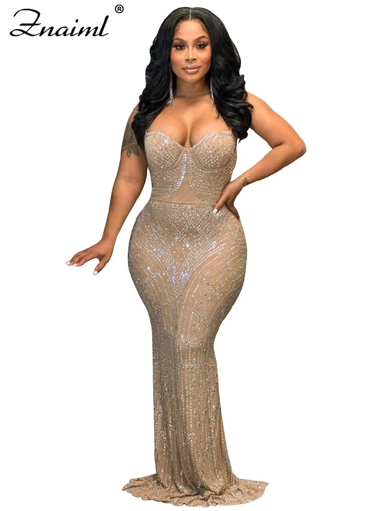 FZ Women's Mesh Bodycon Spaghetti Strap Maxi Evening Dress