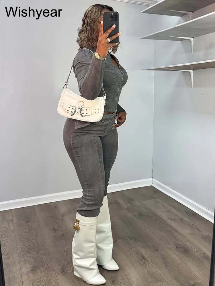 FZ Women's Vintage Gray Stretch Pencil 2-Piece Denim Pants Suit