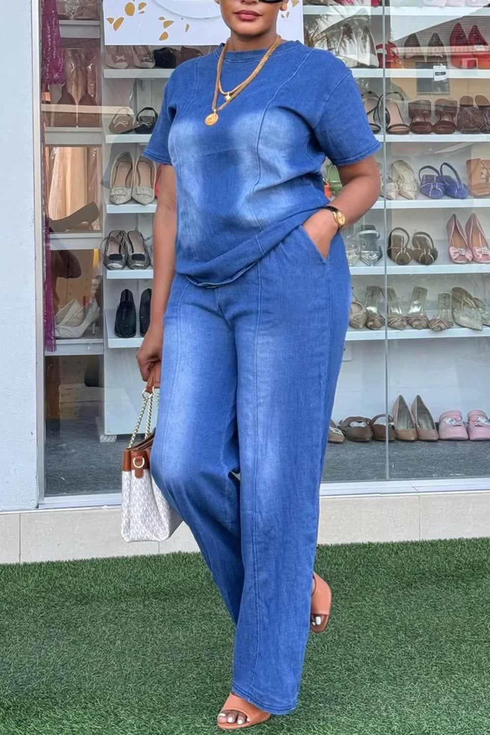 FZ Women's Plus Size Round Neck Short Sleeve Two Piece Denim Pant Suit