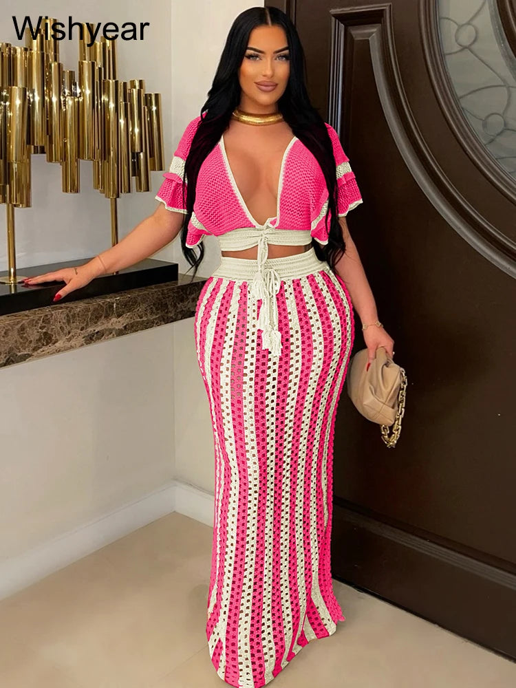 FZ Women's Elegant Knitted Crochet Swimsuit Black Stripe Two 2 Pieces Suit