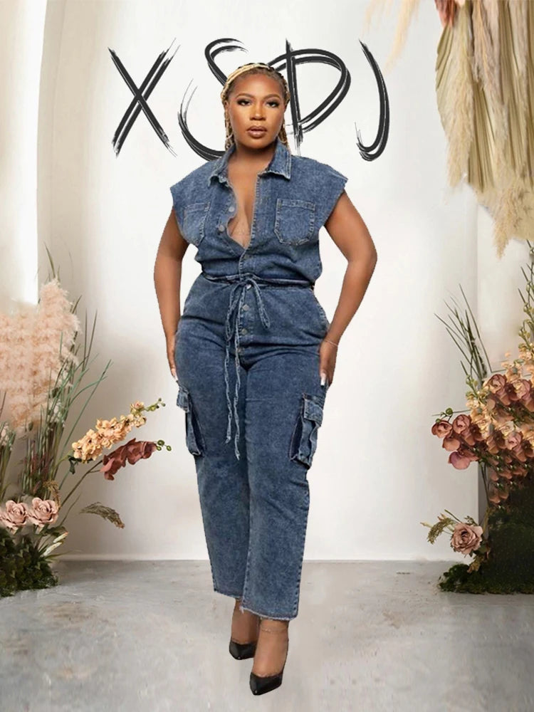 FZ Women's Elastic Waist One Piece Sleeveless Denim Jumpsuit