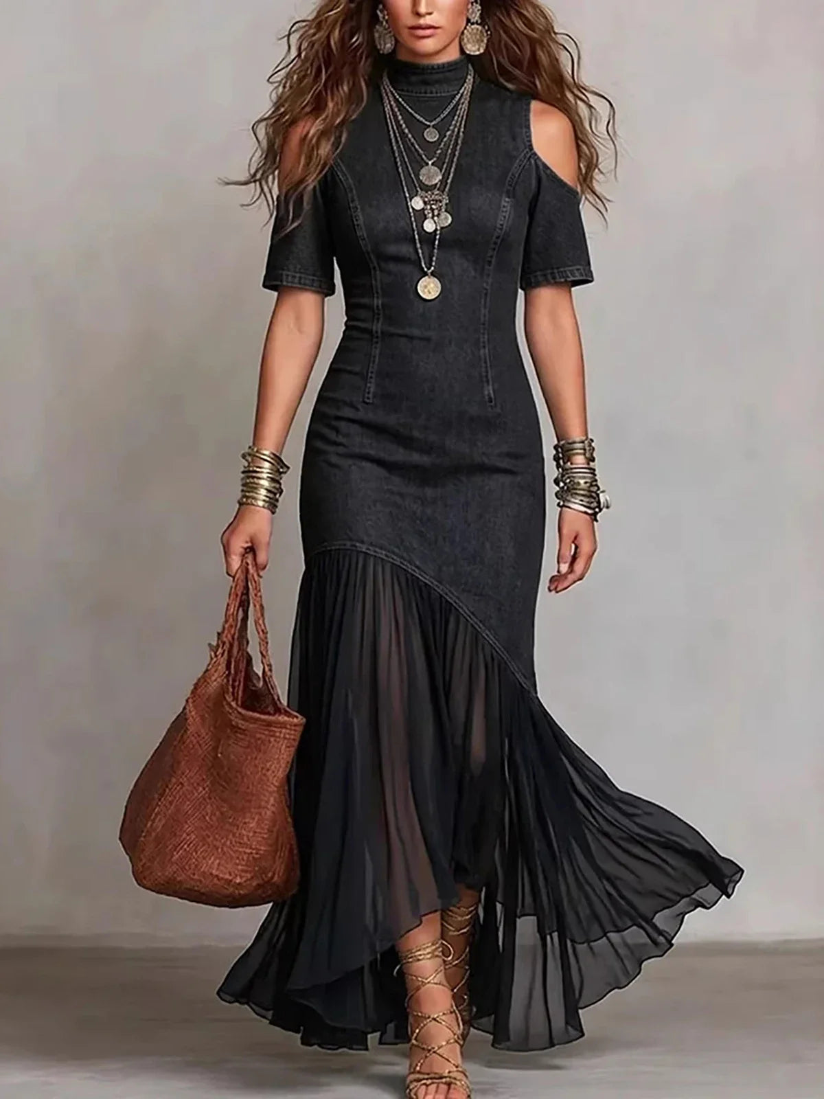 FZ Women's Vintage Patchwork Off Shoulder High Street Fishtail Denim Dress