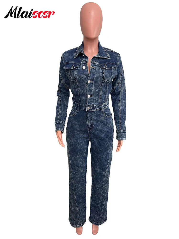 FZ Women's Turn Down Collar Full Sleeve Loose Wide Leg Denim Jumpsuit