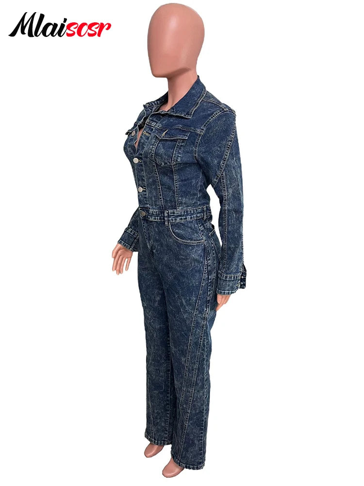 FZ Women's Turn Down Collar Full Sleeve Loose Wide Leg Denim Jumpsuit