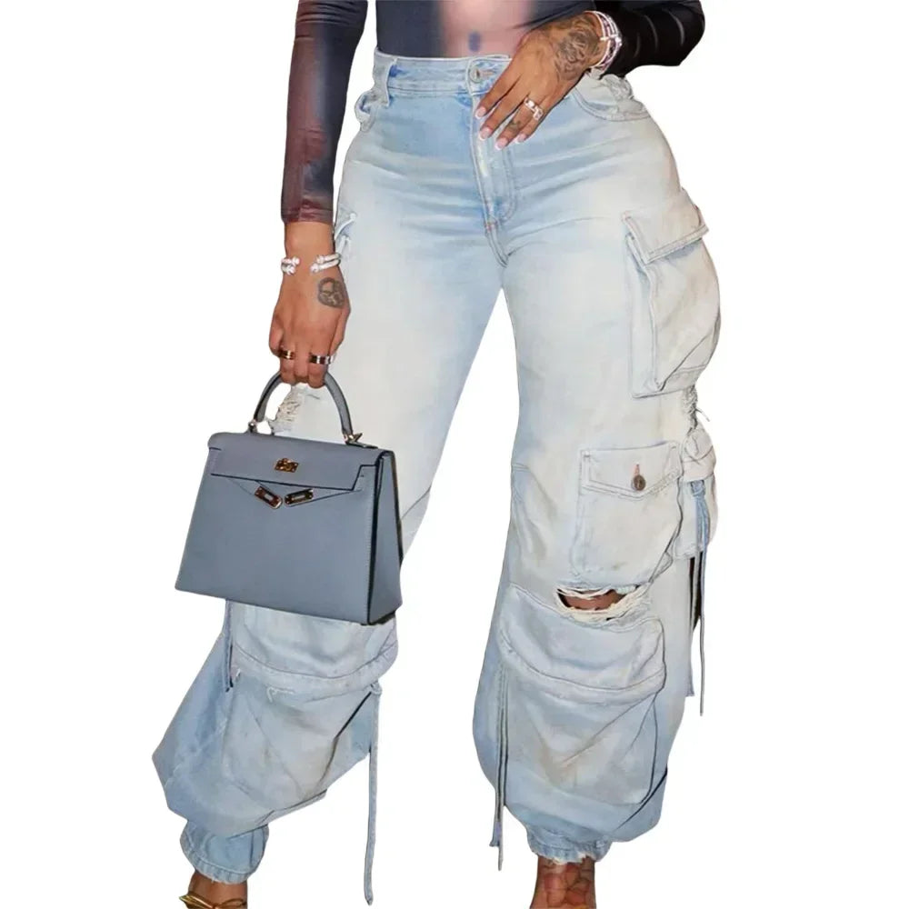 FZ Women's Streetwear Retro Loose Wide Leg Vintage Denim Pants
