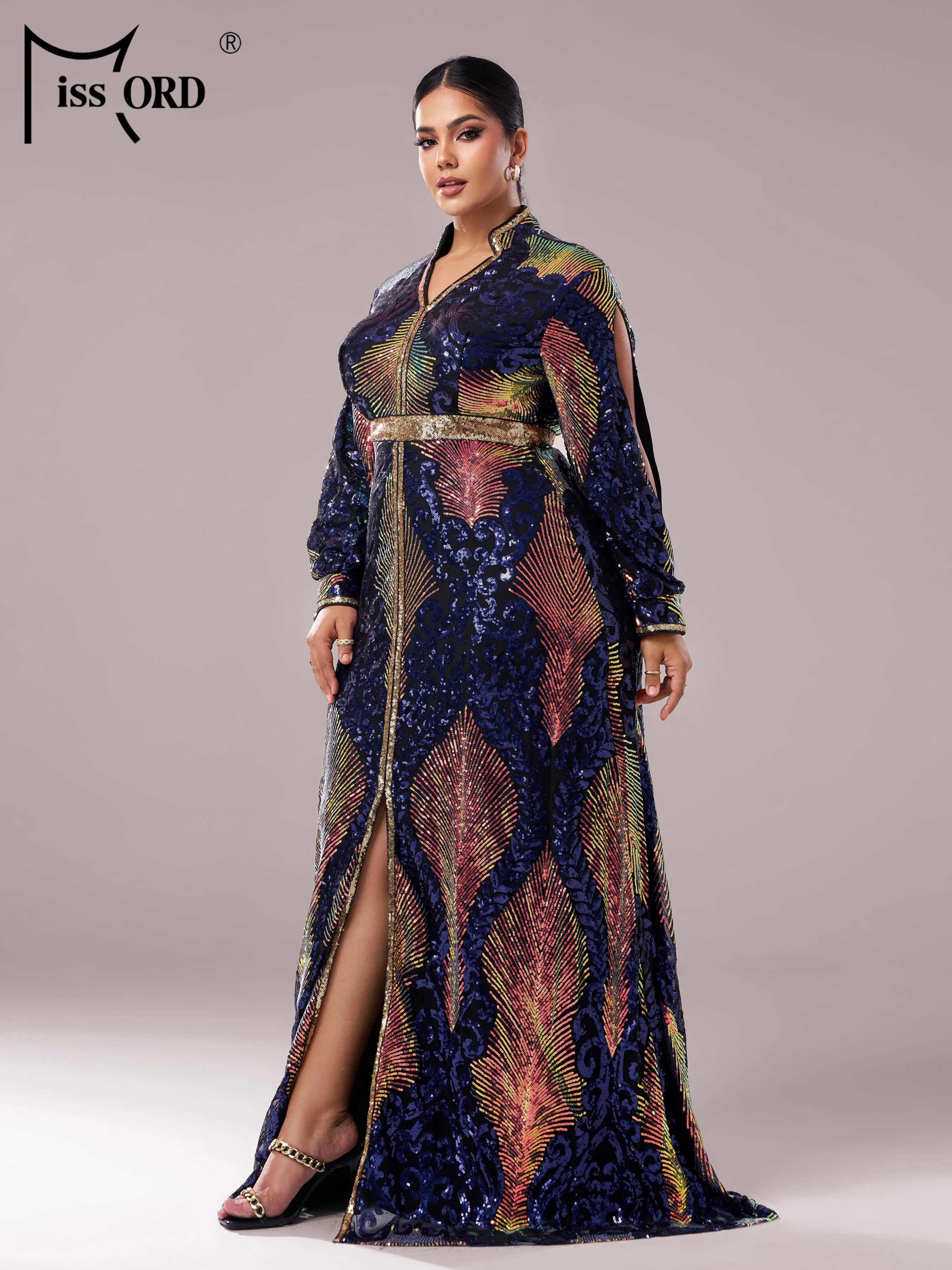 FZ Women's Plus Size V Neck A Line Sequin Evening Dress