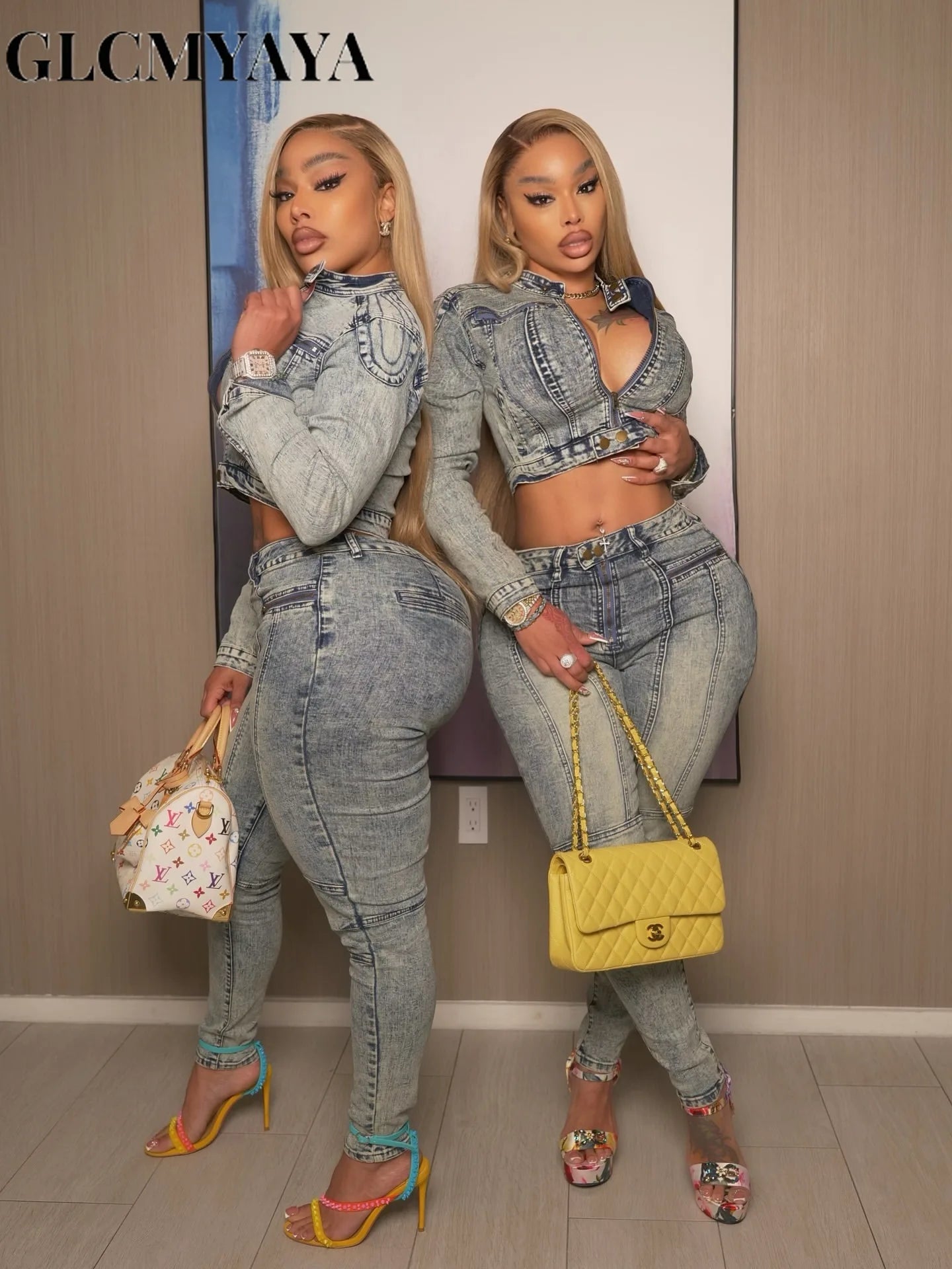 FZ Women's Patchwork Pencil Street Two 2 Piece Washed Denim Pants Suit